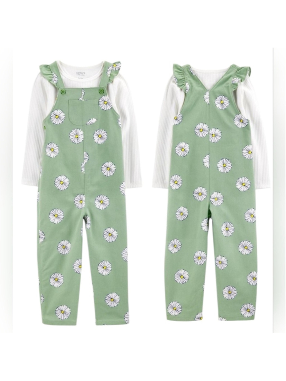 Carter's 2 Piece Floral Green Overalls with White Long Sleeve Shirt Girls 4T